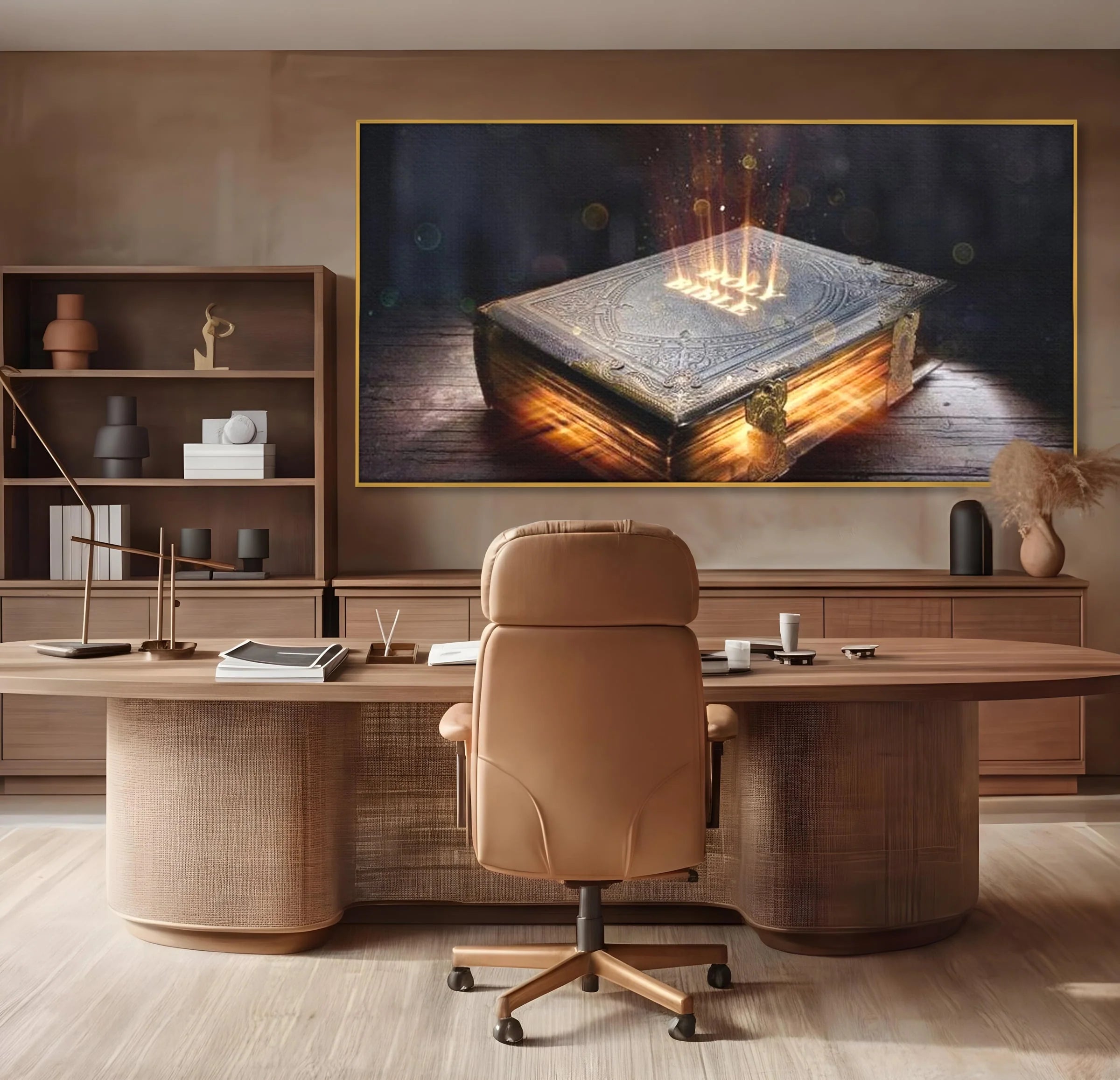 Tablou canvas cu ilustratie digitala cu o carte sacra stralucitoare, in rama de aluminiu auriu, pe perete intr-un birou